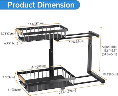PXRACK Large Under Sink Organizer, Adjustable Height, 2-Tier Slide Out,Thickened Metal Shelf Under Sink Storage for Kitchen, Bathroom, Cabinet,Pantry,Black,1 PACK,Small Space-saving