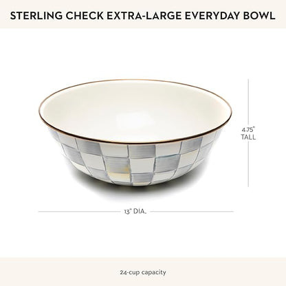 MACKENZIE-CHILDS Enamel Everyday Bowl, Serving Bowl for Entertaining, Extra-Large, Gray-and-White Sterling Check, Set of 1