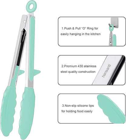 4 Pack Silicone Kitchen Cooking Tongs Set, Stainless Steel Nonstick Food Tong with BPA Free Silicone Tips for Serving Pasta Spaghetti Steak Pie Pizza Salad Vegetable Fruit Grilling BBQ Buffet 9" & 12"