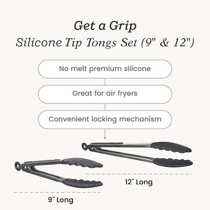 StarPack Premium Silicone Kitchen Tongs Set of 2 (9-Inch & 12-Inch) - Stainless Steel with Non-Stick Silicone Tips, High Heat Resistant to 480°F, For Cooking, Serving, Grill, BBQ & Salad (Gray Black)