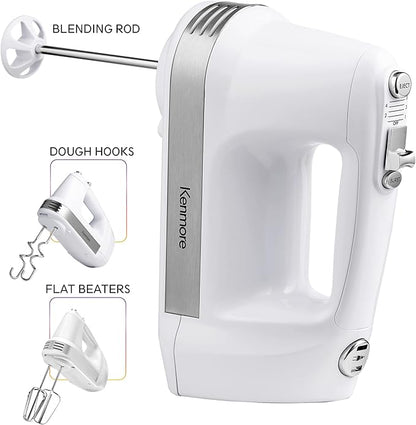 Kenmore Electric Hand Mixer – 5 Speed Handheld Blender, Electric Egg Beater with Whisk, Beater, Dough Hooks, Storage Case, Turbo Boost for Cake Mix, Batidora de Mano Eléctrica