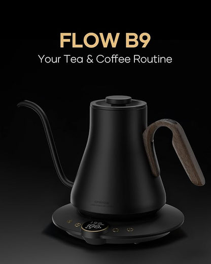 Cocinare FLOW B9 Gooseneck Electric Kettle, Precise Temperature Control for Pour-Over Coffee & Tea Brewing, Stainless Steel Interior, Rapid Heating for Boiling Water 1500W/0.9L (Black Walnut)