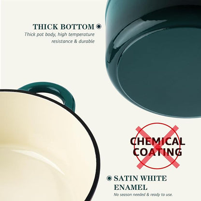 Overmont Enameled Cast Iron Dutch Oven - 7QT Pot with Lid Cookbook & Cotton Potholders - Heavy-Duty Cookware for Braising, Stews, Roasting, Bread Baking bottle green