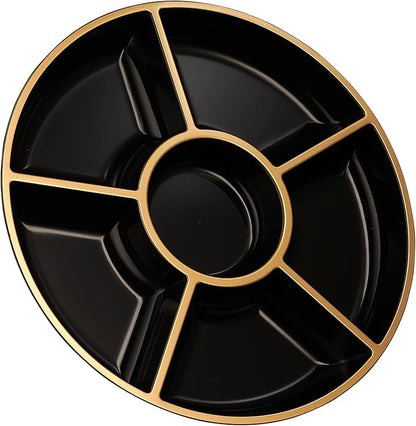 Plasticpro 6 Sectional Round Plastic Serving Tray/Platters Black & Gold Pack of 4