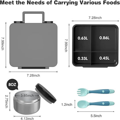 Bento Lunch Box with 8oz Soup Thermo, Kids Leakproof Lunch Food Containers with 4 Compartment, Kids Thermo Insulated Hot Food Jar for School, Trvael (Grey)