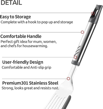 Fish Spatula for Nonstick Cookware, Stainless Steel Slotted Spatula with Silicone Edge, Flexible Metal Turner for Cooking, Flipping, Frying, 12.6" Egg Flipper Utensils, Heat Resistant Handle