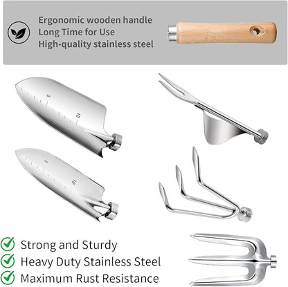 Garden Tools Set 9-Piece, Heavy Duty Stainless Steel Garden Hand Tools with Floral Tote Bag - Rust-Proof Garden Tools for Gardening, Gardening Gifts for Women Mom