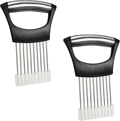 Stainless Steel Onion Slicer Holder – Multi-Purpose Kitchen Safety Tool for Onions|Potatoes|Tomatoes|Apples|Lemons Slicing, Ergonomic ABS Handle, Easy Clean, Uniform Slices, 2 PACK