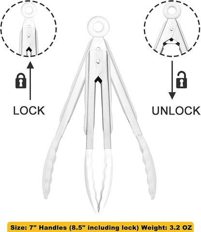 Mini Tongs with Silicone Tips 7-Inch Serving Tongs, Set of 3 (White)