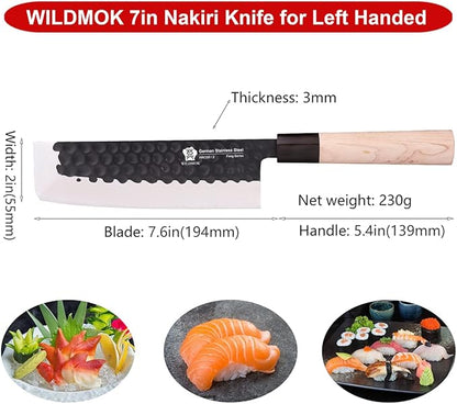 WILDMOK Left Handed 7 Inch Nakiri Knife German Stainless Steel Vegetable Chopping Knife Asian Usuba Chef's Knife for Left Handed