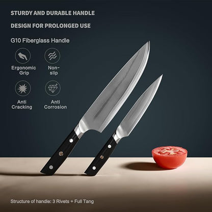 10C Kitchen Knife Set 2pc,8" Chef Knife & 5.5" Utility Knife,VG10 High Carbon Stainless Steel,6-Star Sharp Standard,G10 Black Handle,Love's Gift Box