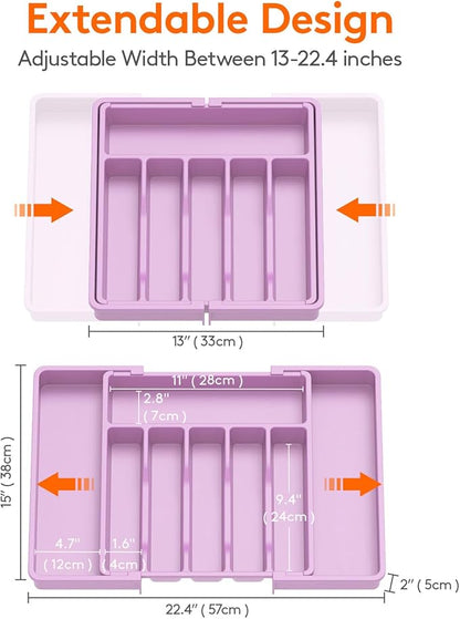 Lifewit Silverware Drawer Organizer, Expandable Utensil Tray for Kitchen, BPA Free Flatware and Cutlery Holder, Adjustable Plastic Storage for Spoons Forks Knives, Large, Purple