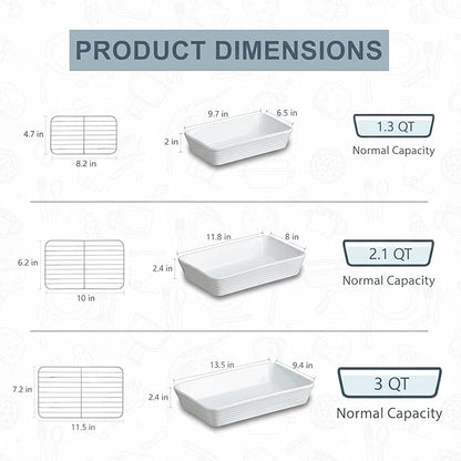 ONEMORE Baking Dishes for Oven, Large Casserole Dishes for Oven with Roasting Racks, Rectangular Ceramic Baking Dish Set of 3 for Cooking & Serving, Handleless Deep Dish Lasagna Pan (3QT/2.1QT/1.3QT)