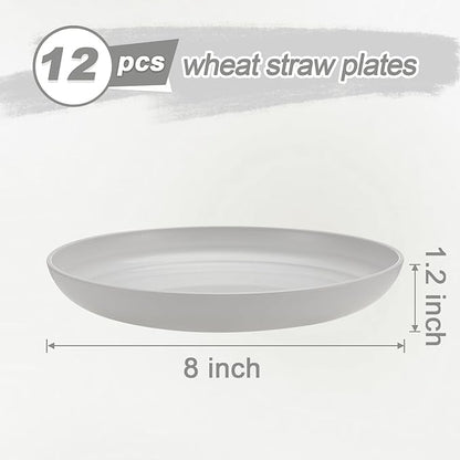 12 Pcs Unbreakable Deep Dessert Plates Set, 8 inch Reusable Plastic Wheat Straw Plates, Microwave and Dishwasher Safe Plate for Kitchen, Lightweight Plate for Dessert, BPA Free, White Gray
