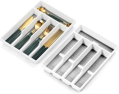Cutesun Silverware Drawer Organizer Tray, Desktop Plastic Drawer Storage, Cutlery Storage for Kitchen Drawer, Flatware and Utensil Holder Divider for Spoons Forks Knives Tableware, 5 Compartment, Gray