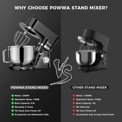 Stand Mixer, POWWA 6.5 Quart Electric Mixer, 6+1 Speed 660W Tilt-Head Kitchen Food Mixers with Whisk, Dough Hook, Mixing Beater & Splash Guard for Baking, Cake, Cookie, Kneading, ETL Certified (Black)