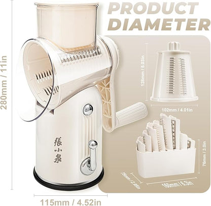 ZHANG XIAO QUAN SINCE 1628 5-in-1 Interchangeable Blades Rotary Cheese Grater Hand Crank, Cheese Shredder Mandoline Vegetable Julienne Slicer Cutter Nut Chopper with Anti-Slip Base, Cream