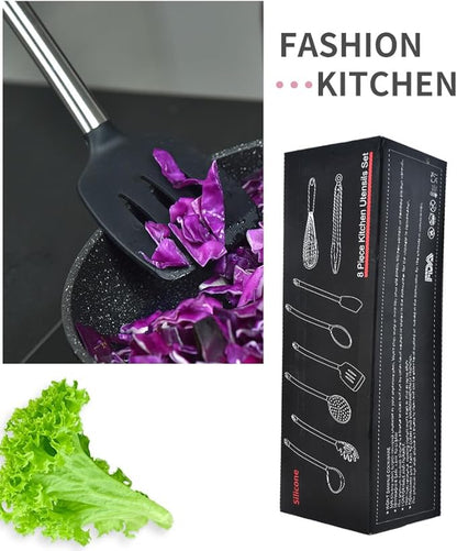 KSENDALO 9-Piece Silicone Cooking Utensils Set with Holder, Heat Resistant Kitchen Utensils Set of Slotted Spatula, Spoons, Whisk, Tong, Non Toxic Black Kitchen Tool Set for Nonstick Cookware, Black