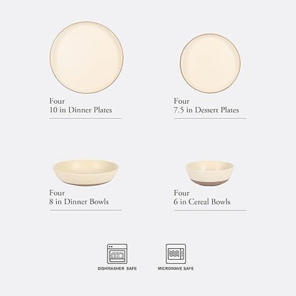 Gibson Elite Laguna Bliss 16 Piece Stoneware Reactive Glaze (Service for 4) Ceramic Plates and Bowls Dinnerware Set - Matte Cream White W/Terracotta Bottom