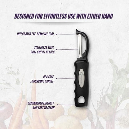 Premium Swivel Peeler- Super Sharp Stainless Steel Blades for fast and efficient Kitchen Prep- Ergonomic Handle- Dishwasher Safe- Equipped with sharp tip to remove Blemishes on Vegetables