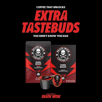 Death Wish Coffee, Single Serve Pods - Dark Roast Coffee Pods - Made with USDA Certified Organic, Fair Trade, Arabica and Robusta Beans (20 Count)