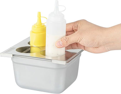 Restaurantware Squeeze Bottle Template Pack of 1 Stainless Steel 4 Hole Holder Top, 2.5" Diameter Fits 1/6 Size Food Pans, Dishwasher Friendly Integrated Lip Design Holder Top for Condiment Bottles
