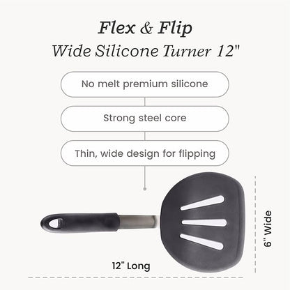 StarPack Premium Flexible Wide Silicone Turner Spatula - High Heat Resistant to 600°F, Hygienic One Piece Design, Non Stick Rubber Kitchen Utensil for Fish, Egg, Pancakes, Cookies & more (Stormy Grey)