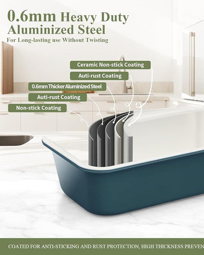 Ceramic Nonstick Baking Pans Set, Non Toxic 33 PCS Stackable Bakeware Sets, 550°F Oven Safe Baking Sheet & Pans, Warp-Free, Dishwasher Safe, PTFE/PFOA/PFOS-Free (Blue)