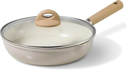 CAROTE 10" Ceramic Frying Pan with Lid, Non Stick Frying Pan Skillet Chef's Pan, Healthy & PFOA/PFAS Free, Induction-Compatible, Taupe