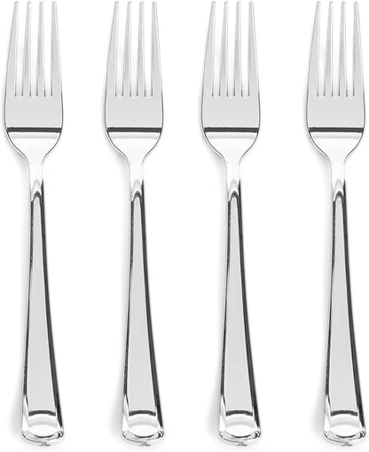 Prestee 100 Pack Silver Plastic Forks Heavy-Duty - Elegant Disposable Silverware Forks - Fancy Plastic Silver Cutlery Set - Heavyweight Utensils for Party, Holiday, and Events