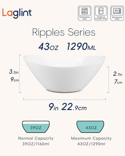 43 OZ Serving Bowl Set of 4, Opal Glass 9 inch Oval Serving Dishes for Salad, Side Dishes, Fruit Kitchen, Microwave & Dishwasher Safe, White