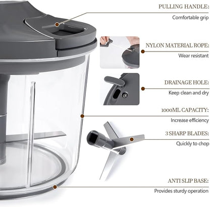 LHS Manual Food Processor Large Vegetable Chopper, 1000ML Pull String Chopper Garlic Mincer Onion Cutter for Veggies,Salad,Fruits, Nuts, BPA Free, GREY