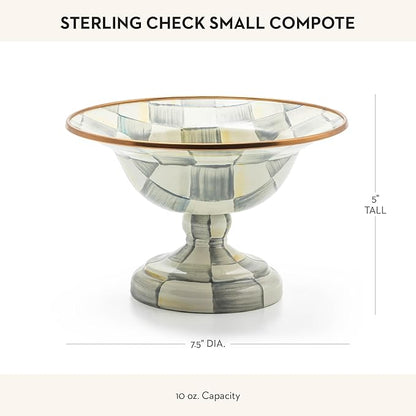 MACKENZIE-CHILDS Enamel Compote, Cute Enamel Pedestal Serving Dish or Decorative Bowl, Small, Gray-and-White Sterling Check