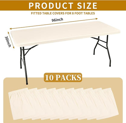 10 Pack Fitted Tablecloth for 8 Foot Rectangle Tables, Ivory Elastic Outdoor Picnic Table Cover, Washable Stretch Folding Table Cloths 8 ft for Camping Party Patio Kitchen Banquet, 30" W x 96" L