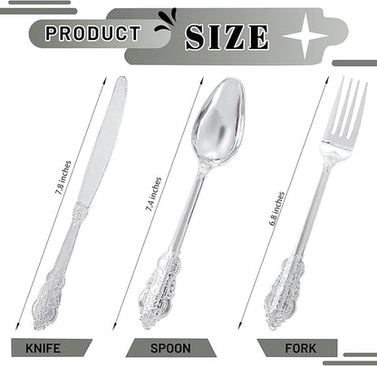 300Pieces Silver Plastic Silverware - Heavy Duty Silver Disposable Utensils - Fancy Plastic Cutlery Set Includes 100 Forks, 100 Spoons, 100 Knives for Dinner Parties Weddings