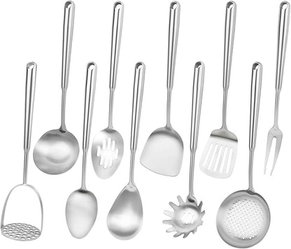 18/10 Stainless Steel Cooking Utensils Set, 10PCS Metal Kitchen Utensils Set for Wok,Kitchen Tools Set Come with Spoon, Fork, Spatula, Ladle, Skimmer, Turner, Pasta Server