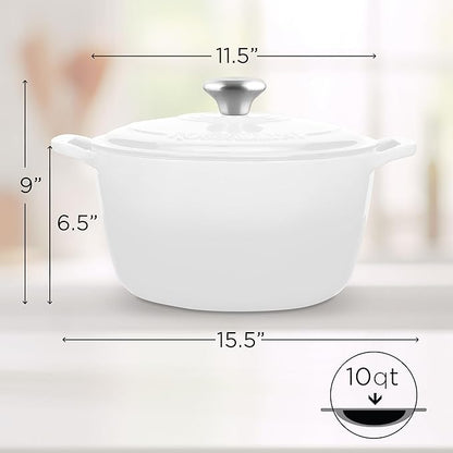 Signature Enameled Cast Iron Dutch Oven, Non-Stick Serving Pot with Tight Fitting Lid for Perfect Roasting, Baking, Sauteing, and Bread Making | 10Q (9.5L) - White