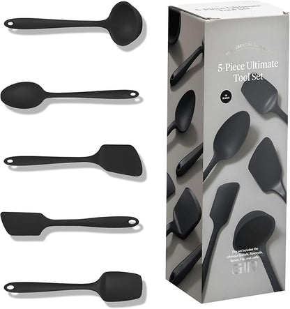GIR: Get It Right 5-Piece Silicone Ultimate Kitchen Utensils Set - Ladle, Spatula, Flip, Spoon & Spoonula - Non-Toxic Cooking Utensils for Nonstick Cookware, Cooking and Baking - Black