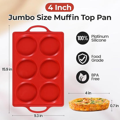 CAKETIME Muffin Top Pan Non Stick, 4 Inch Metal Frame Round Silicone Egg Baking Pan for Oven English Muffins, Whoopie Pies, Corn Bread, Egg Bites, Breakfast Sandwiches Tarts 3 Pack Red