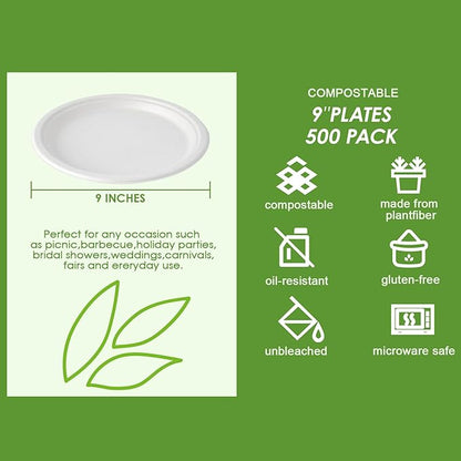 Vplus 500 Pack Paper Plates 9 inch 100% Compostable, Heavy-Duty Disposable Paper Plates Bagasse Natural Biodegradable Eco-Friendly Sugarcane（White）