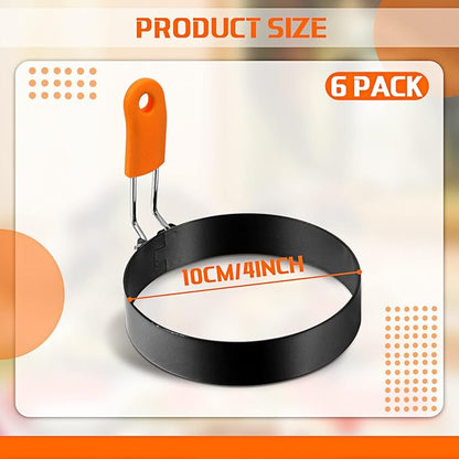 Patelai 6 Pcs Professional Egg Ring Pancake Ring Set Stainless Steel Fried Egg Molds Griddle Pancake Shapers with Orange Silicone Handle for Breakfast Omelette Sandwich(4 Inch)