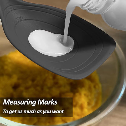 2 Pack Large Silicone Cooking Spoon, Non-Stick Slotted and Solid Spoon set with Deep Bolw and Measurement Mark for Mixing, Serving, Draining, Scooping, Scraping, Heat Resistant Kitchen Utensils, Black