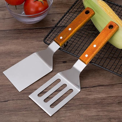 2 PCS Metal Spatula for Cast Iron Skillet, Stainless Steel Grill Spatula Slotted Turner Fish with Wood Handle Flat Top Griddle for Cooking BBQ