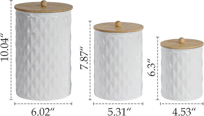 Kitchen Canister Set of 3 Tea Coffee Sugar Containers with Airtight Bamboo Lids Food Flour Storage for Countertop Metal White Diamond Pattern Embossed Farmhouse Decor