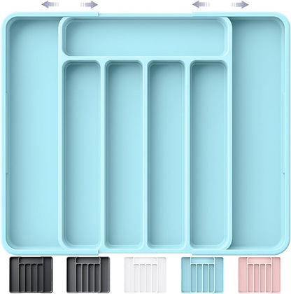 Kitsure Cutlery Drawer Organiser for Kitchen - Adjustable Cutlery Tray for Effortless Utensil Sorting, Versatile Kitchen Storage & Organisation Solution, 12.13" x 1.54" x 8.07"~13.90", Blue