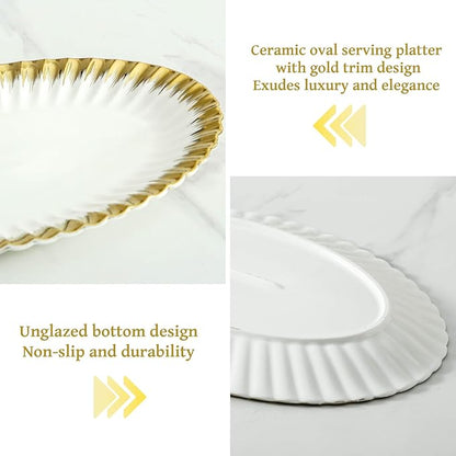 Serving Platters, Ceramic Oval Serving Platters,12 Inch Serving Dishes/Trays for Party Entertaining, Porcelain White Dinner Plates with Gold Trim for Sandwich, Appetizer, Fruit, Desserts, Set of 2