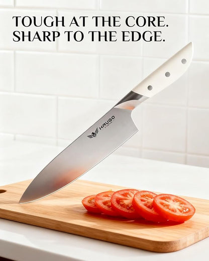 Knife Set - Haugo 14 PCS German Stainless Steel Kitchen Knife Sets with Block and Sharpener - Full Tang Knife Block Set and Ergonomic Handle - Elegant White- Obsidian Series