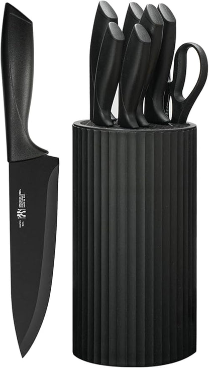 Knife set, 8-Piece Kitchen Knife Set for Chef, Sharp Knife Set with Universal Knife Block, Anti-Rust Kitchen Knife Block Set, Ergonomical Design (Dark Black)