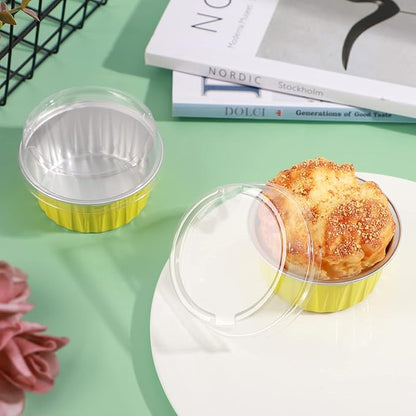 EUSOAR Aluminum Ramekins with Lids, 50pcs 5oz Aluminum Foil Baking Cups, Disposable Foil Ramekins Muffin Liners, Aluminum Foil Dessert Containers Cupcake Holders Pans with Lids Yellow