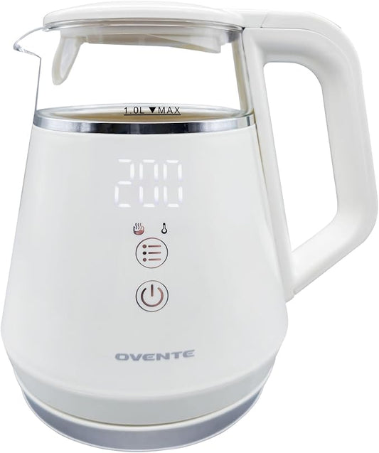 OVENTE 1L Small Electric Kettle with 5 Temperature Preset, Digital Display, 5Hr Keep Warm, Auto Shut-Off, Double-Wall Cool Touch Exterior, Borosilicate Glass,1500W BPA Free Water Boiler, White KD95W